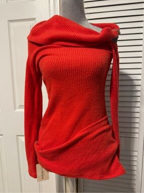 SHEIN Bae Red Cold Shoulder Sweater with Gold Buckles